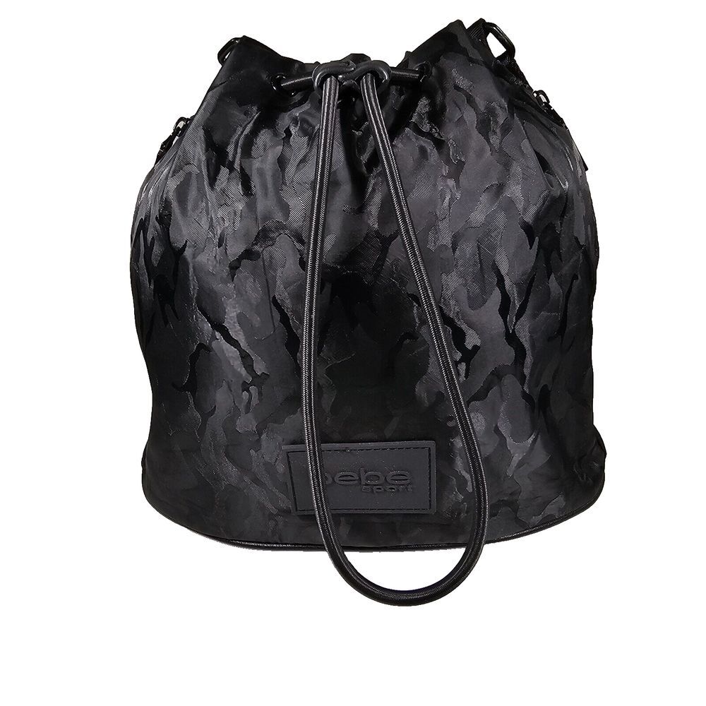 Bebe Sport Convertible Bucket Shoulder Bag Drawstring Zippered Camo Black Womens